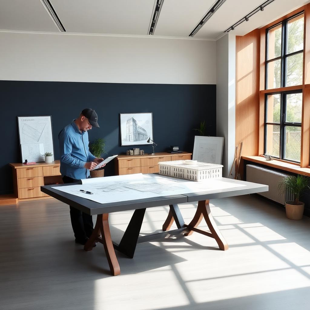 Architetto in studio rivede tavole tecniche e modello 3D di un edificio