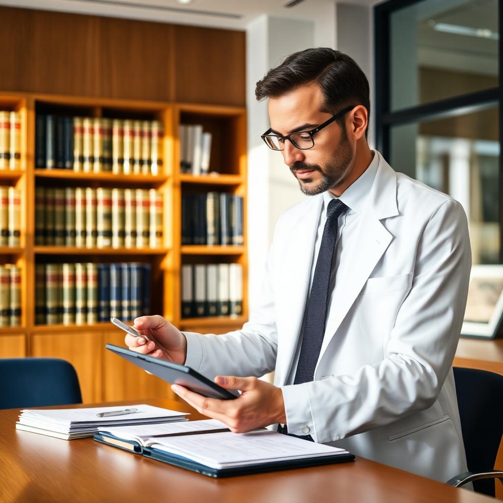 Avvocato consulta atti e fascicoli su tablet in studio legale