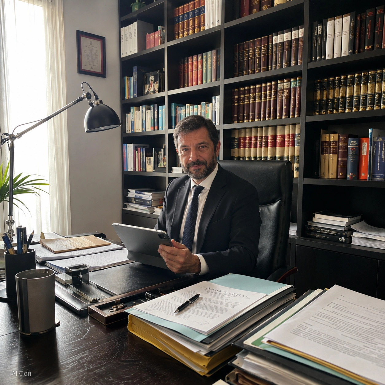 Avvocato in studio legale consulta un tablet alla scrivania tra fascicoli e volumi giuridici